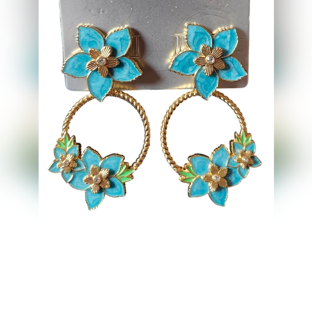 Baublebar Turquoise Rhinestones with Goldtone Flowers Earrings NWT
